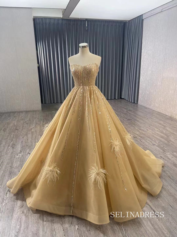 Champagne Beaded Feather Wedding Dress Removable Sleeve Quinceanera Dress 241012|Selinadress