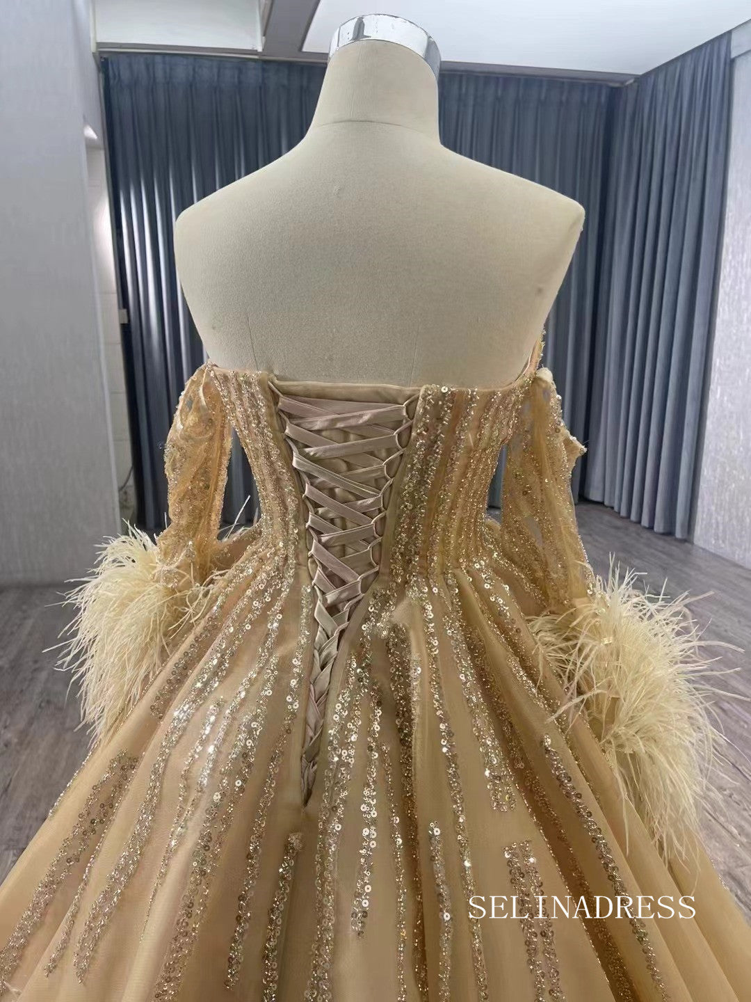 Champagne Beaded Feather Wedding Dress Removable Sleeve Quinceanera Dr SELINADRESS Champagne Beaded Feather Wedding Dress Removable Sleeve Quinceanera Dr SELINADRESS