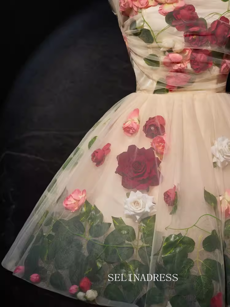 Champagne Tulle Flower Homecoming Dress Short Rosette Dress #SEW126 SELINADRESS Champagne Tulle Flower Homecoming Dress Short Rosette Dress #SEW126 SELINADRESS