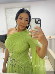 Charming A-line Chiffon Sage Long Prom Dress One Shoulder Evening Dress TKL703|Selinadress