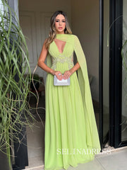 Charming A-line Chiffon V neck Sage Long Prom Dress Evening Dress TKL714|Selinadress