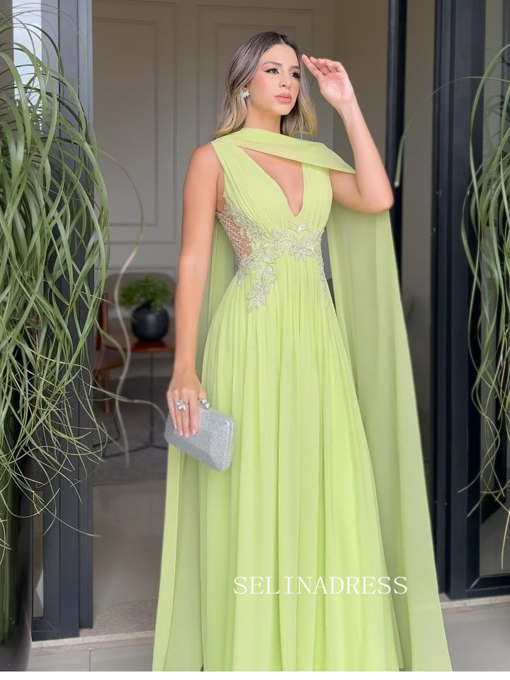 Charming A-line Chiffon V neck Sage Long Prom Dress Evening Dress TKL714|Selinadress