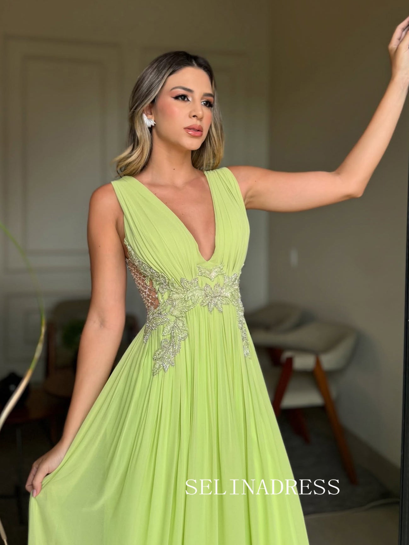 Charming A-line Chiffon V neck Sage Long Prom Dress Evening Dress TKL714|Selinadress
