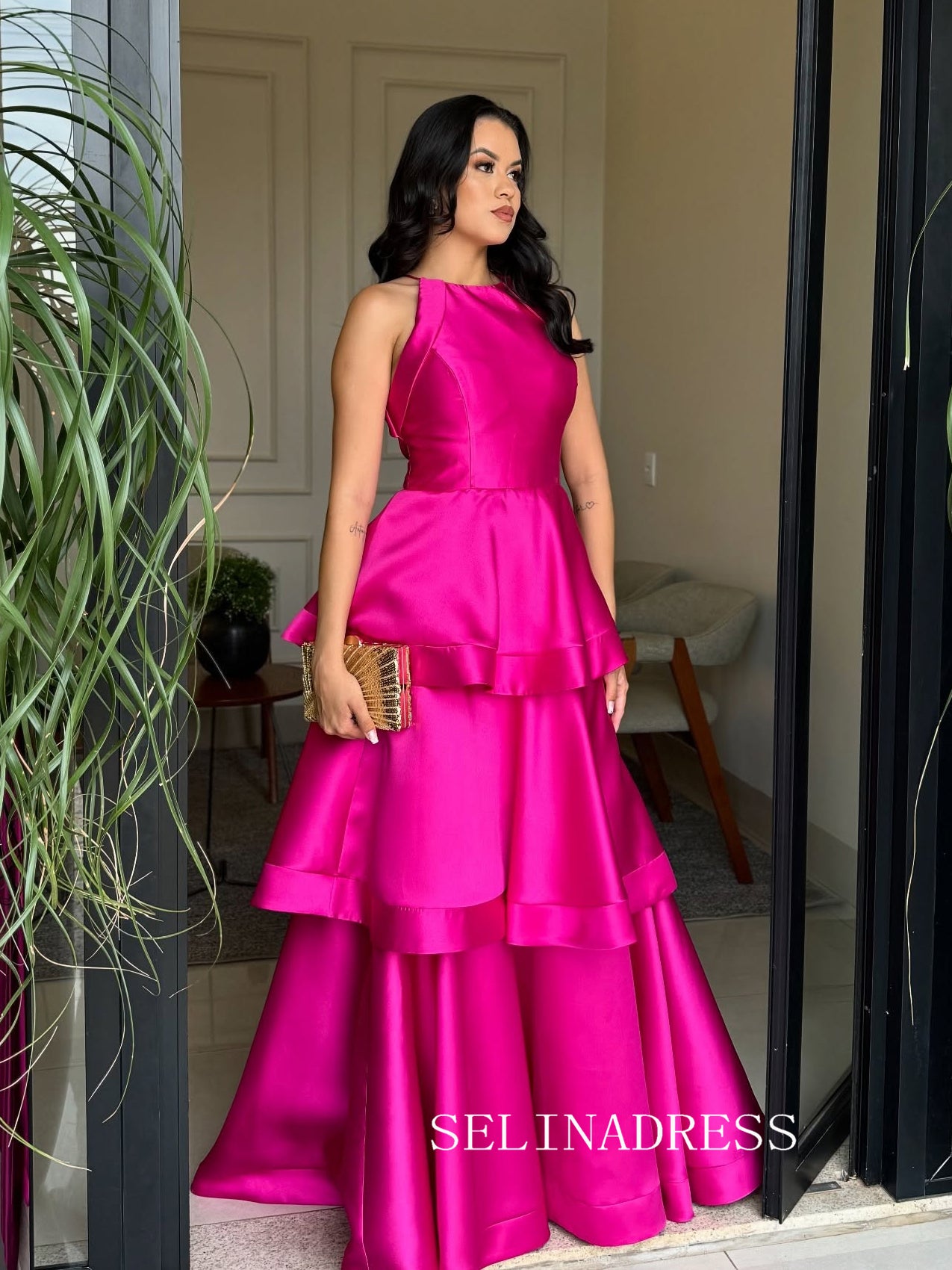 Charming A-line Halter Fuchsia Long Prom Dress Layered Evening Dress TKL705|Selinadress