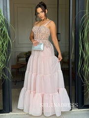 Charming A-line Light Pink Beaded Long Prom Dress Evening Dress TKL707|Selinadress