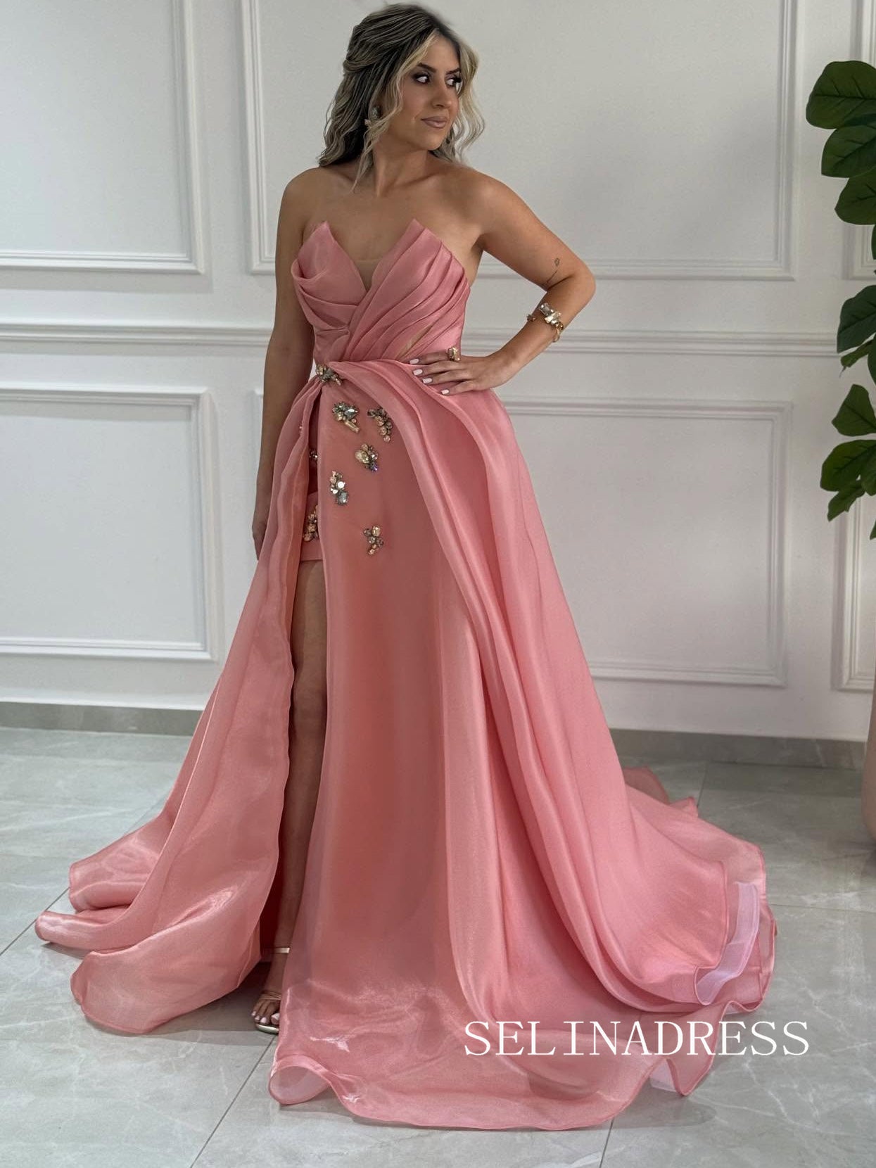 Charming A-line Strapless Peach Long Prom Dress Evening Dress With High Split TKL708|Selinadress