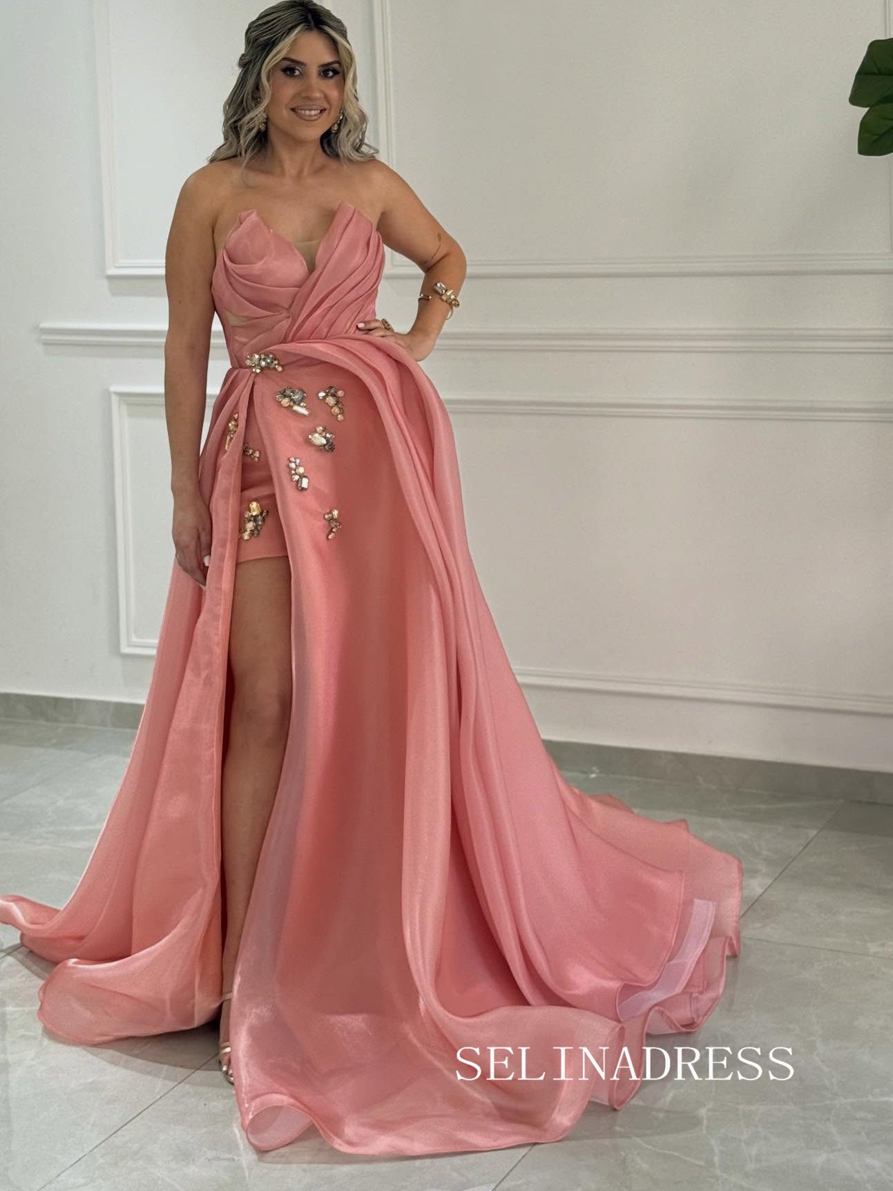Charming A-line Strapless Peach Long Prom Dress Evening Dress With High Split TKL708|Selinadress