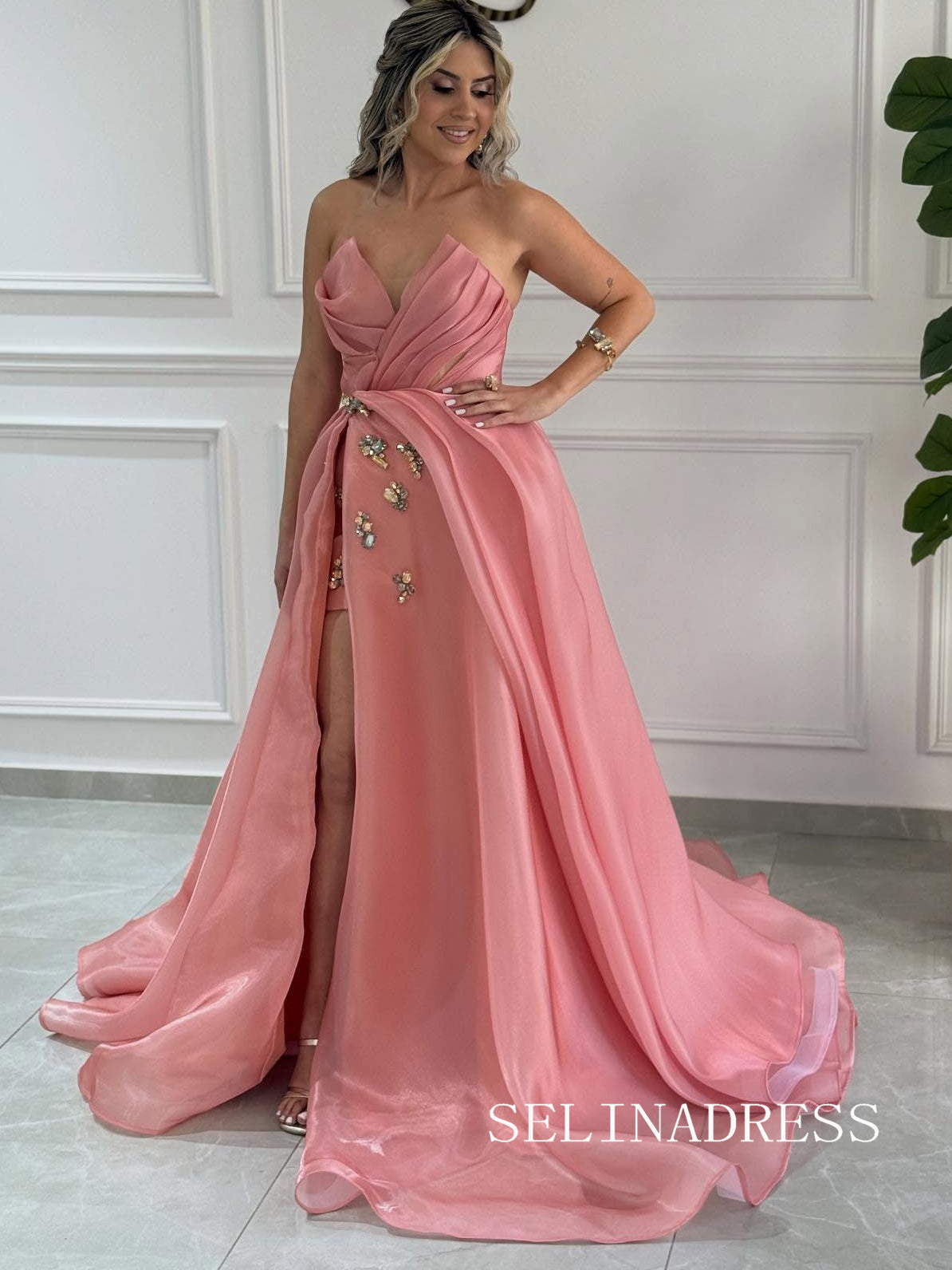 Charming A-line Strapless Peach Long Prom Dress Evening Dress With Hig SELINADRESS Charming A-line Strapless Peach Long Prom Dress Evening Dress With Hig SELINADRESS