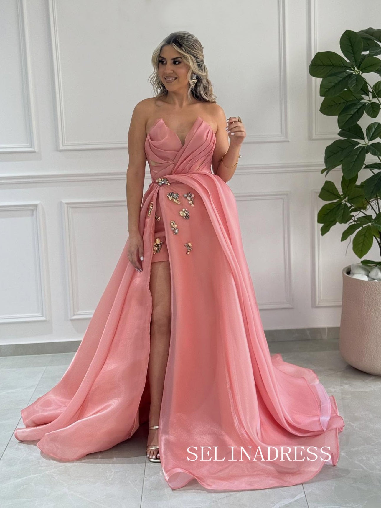 Charming A-line Strapless Peach Long Prom Dress Evening Dress With High Split TKL708|Selinadress