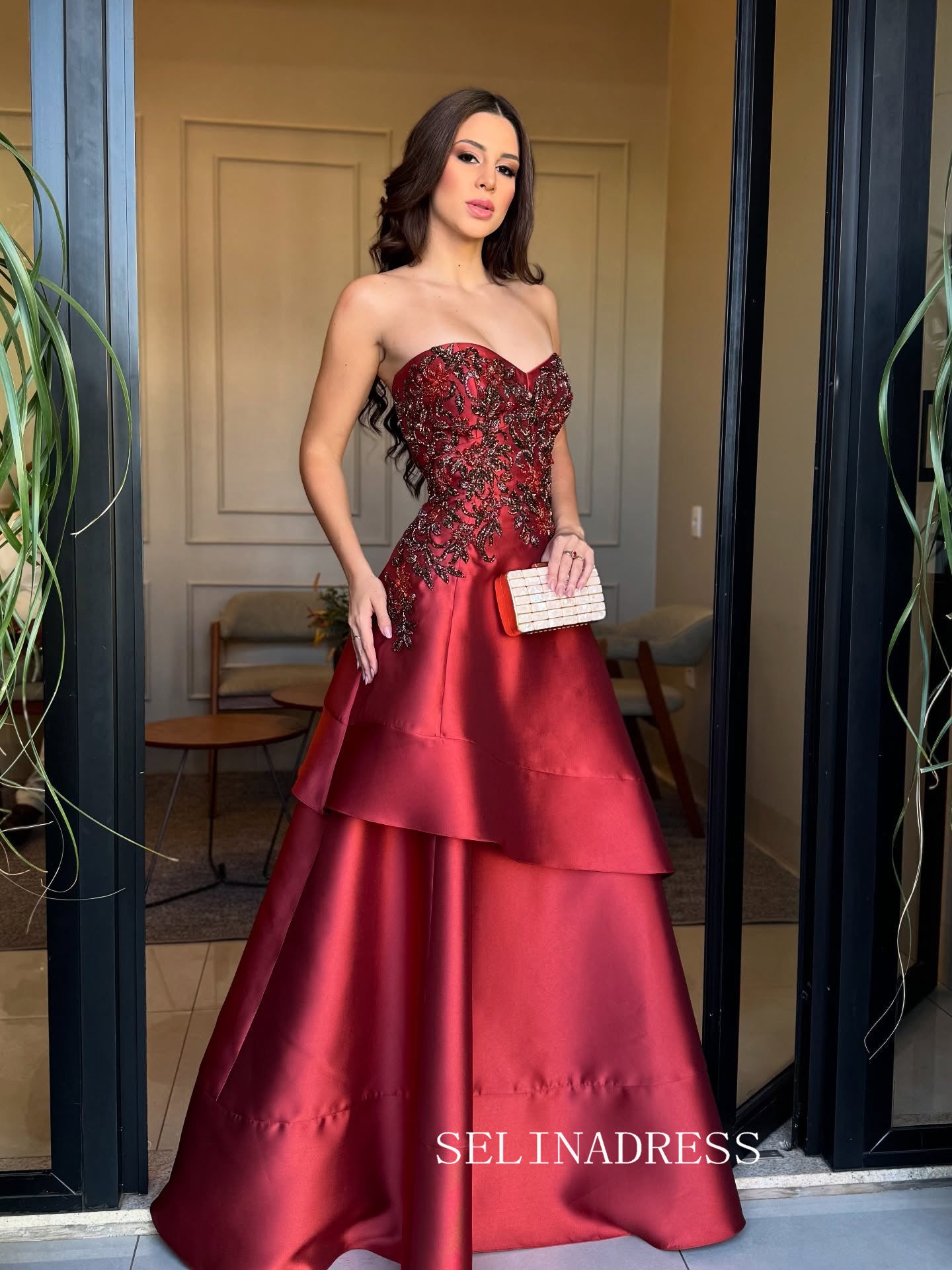 Charming A-line Sweetheart Burgundy Beaded Long Prom Dress Evening Dress TKL713|Selinadress