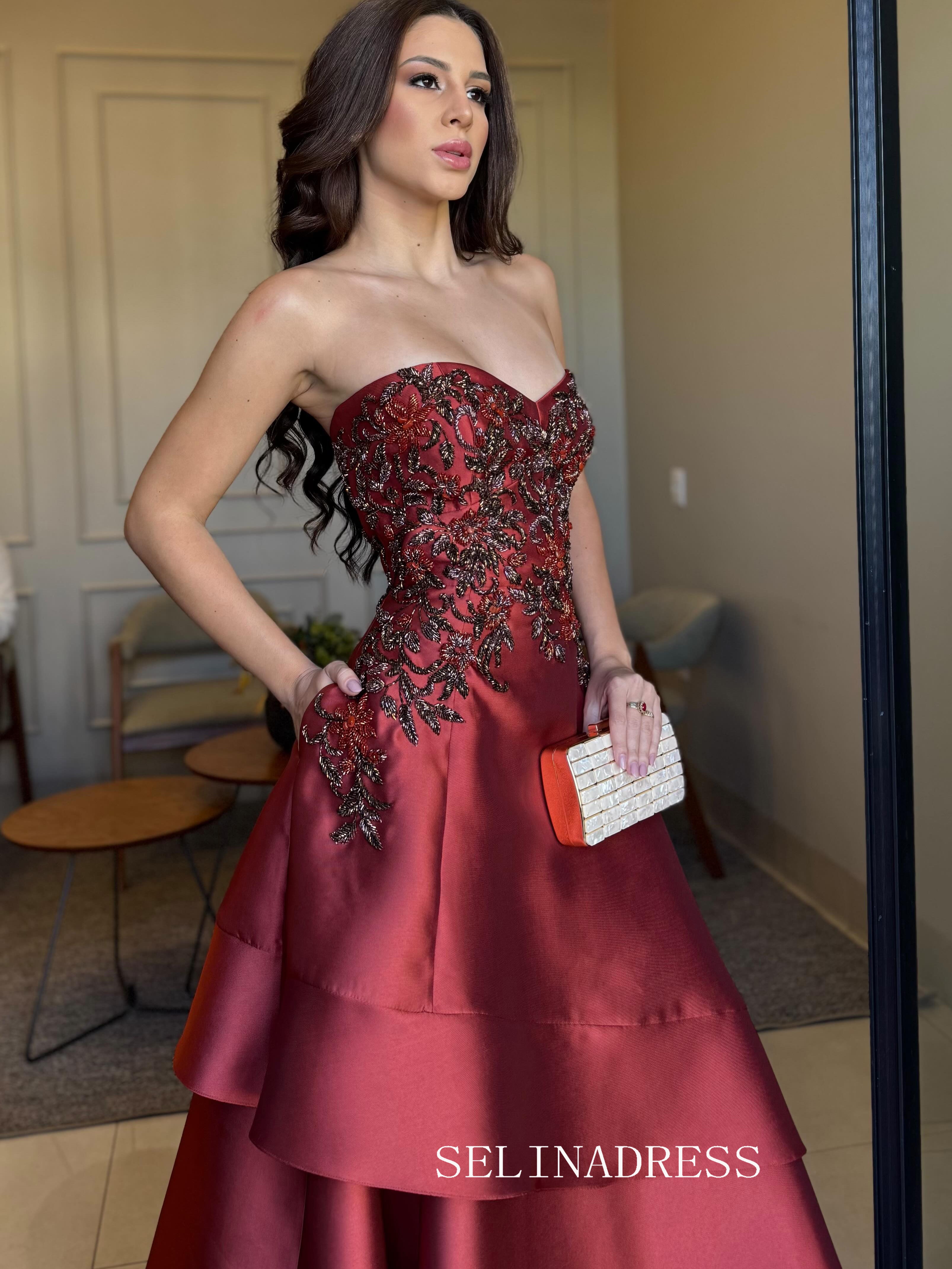 Charming A-line Sweetheart Burgundy Beaded Long Prom Dress Evening Dress TKL713|Selinadress