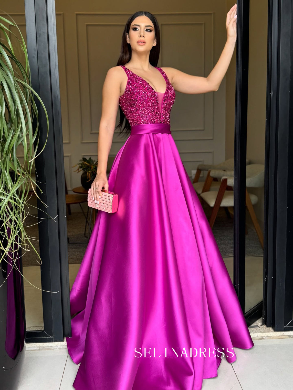 Charming A-line V neck Fuchsia Long Prom Dress Beaded Evening Dress TK SELINADRESS Charming A-line V neck Fuchsia Long Prom Dress Beaded Evening Dress TK SELINADRESS
