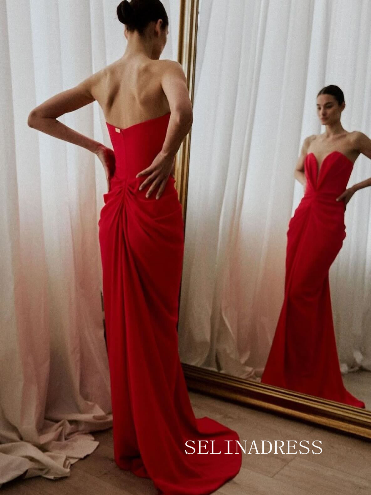 Charming Mermaid Deep V neck Red Long Prom Dress Evening Dress TKL709|Selinadress