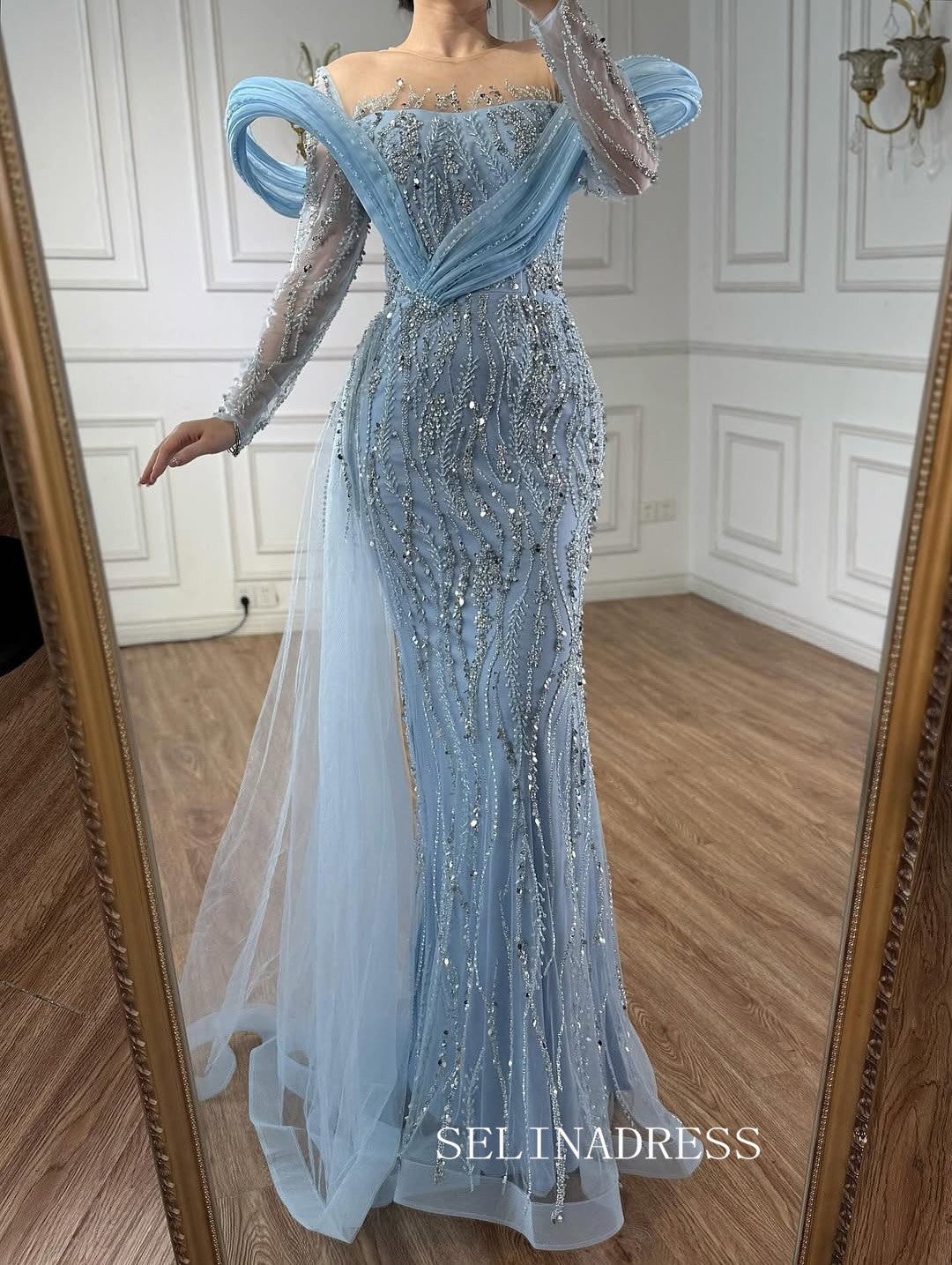 Charming Mermaid Light Sky Blue Full Beaded Long Prom Dress Evening Dress TKL723|Selinadress