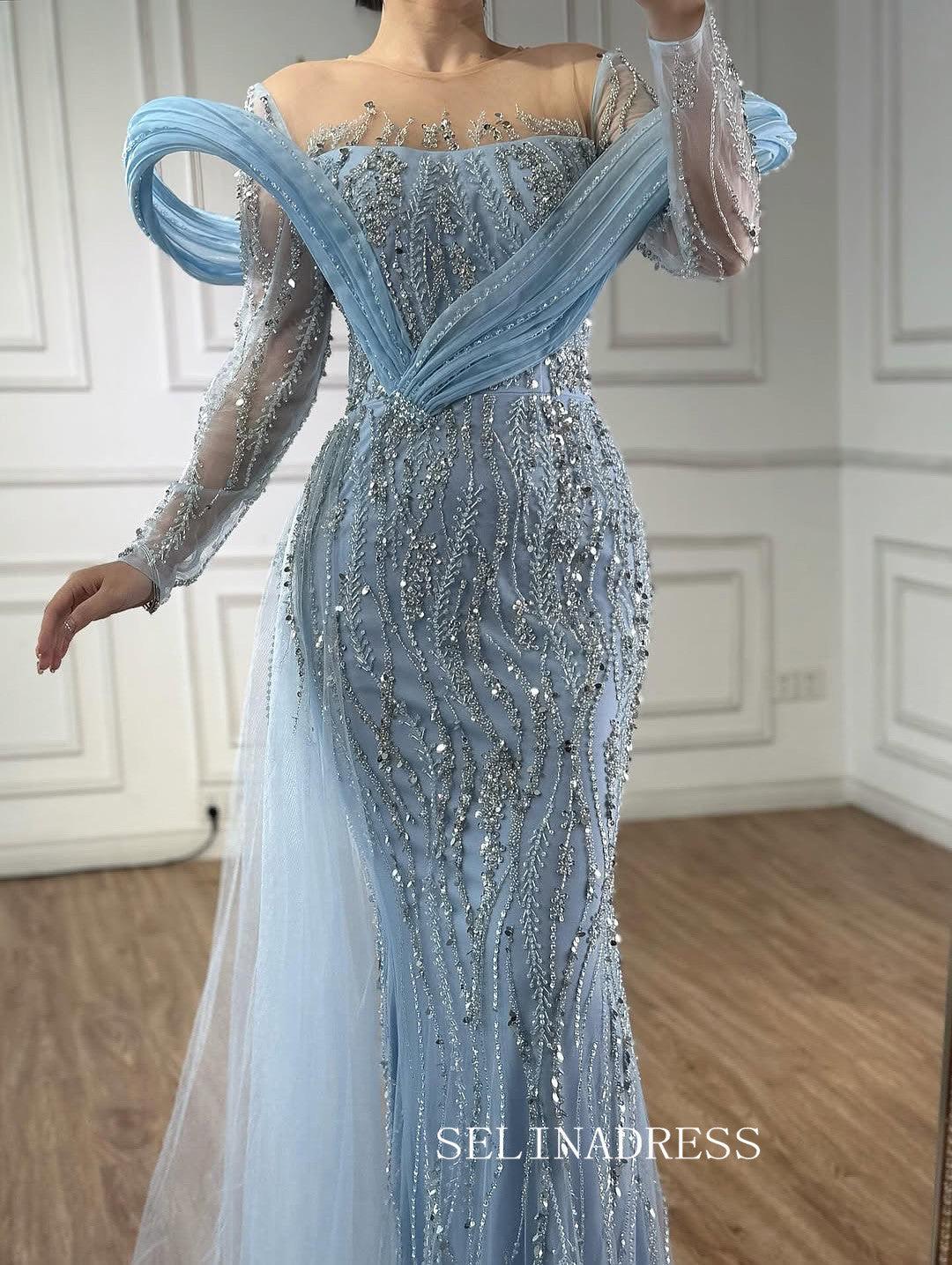 Charming Mermaid Light Sky Blue Full Beaded Long Prom Dress Evening Dress TKL723|Selinadress
