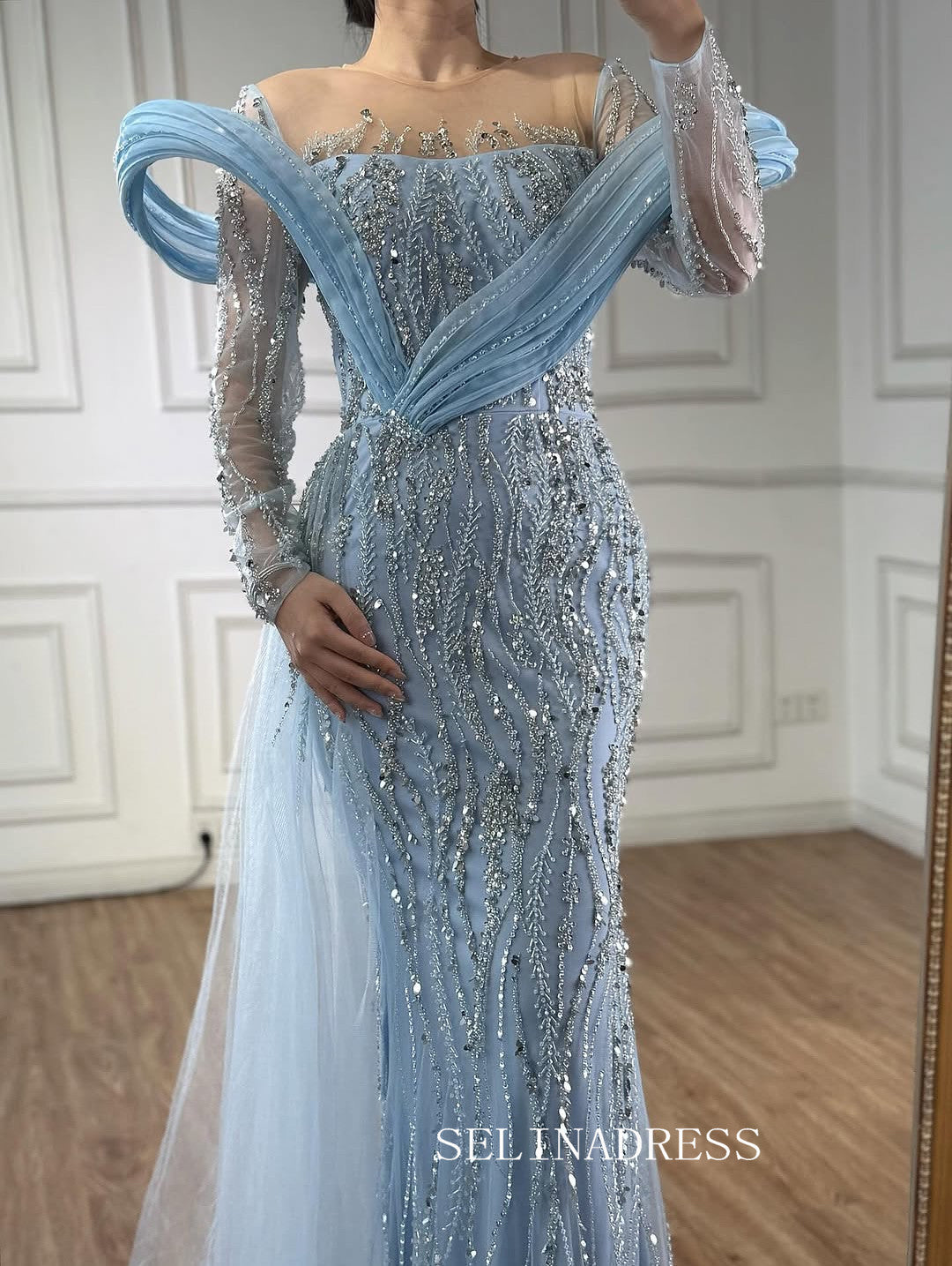 Charming Mermaid Light Sky Blue Full Beaded Long Prom Dress Evening Dress TKL723|Selinadress