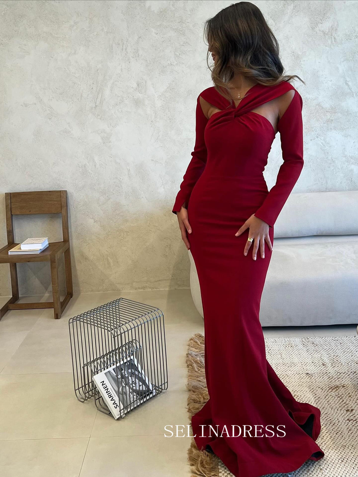 Charming Mermaid Red Long Prom Dress Evening Dress With Long Sleeve TKL712|Selinadress