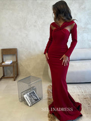 Charming Mermaid Red Long Prom Dress Evening Dress With Long Sleeve TKL712|Selinadress