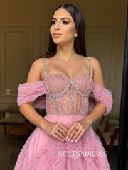 Charming Pink Beaded Long Prom Dress Evening Dress With Ruffles TKL706|Selinadress