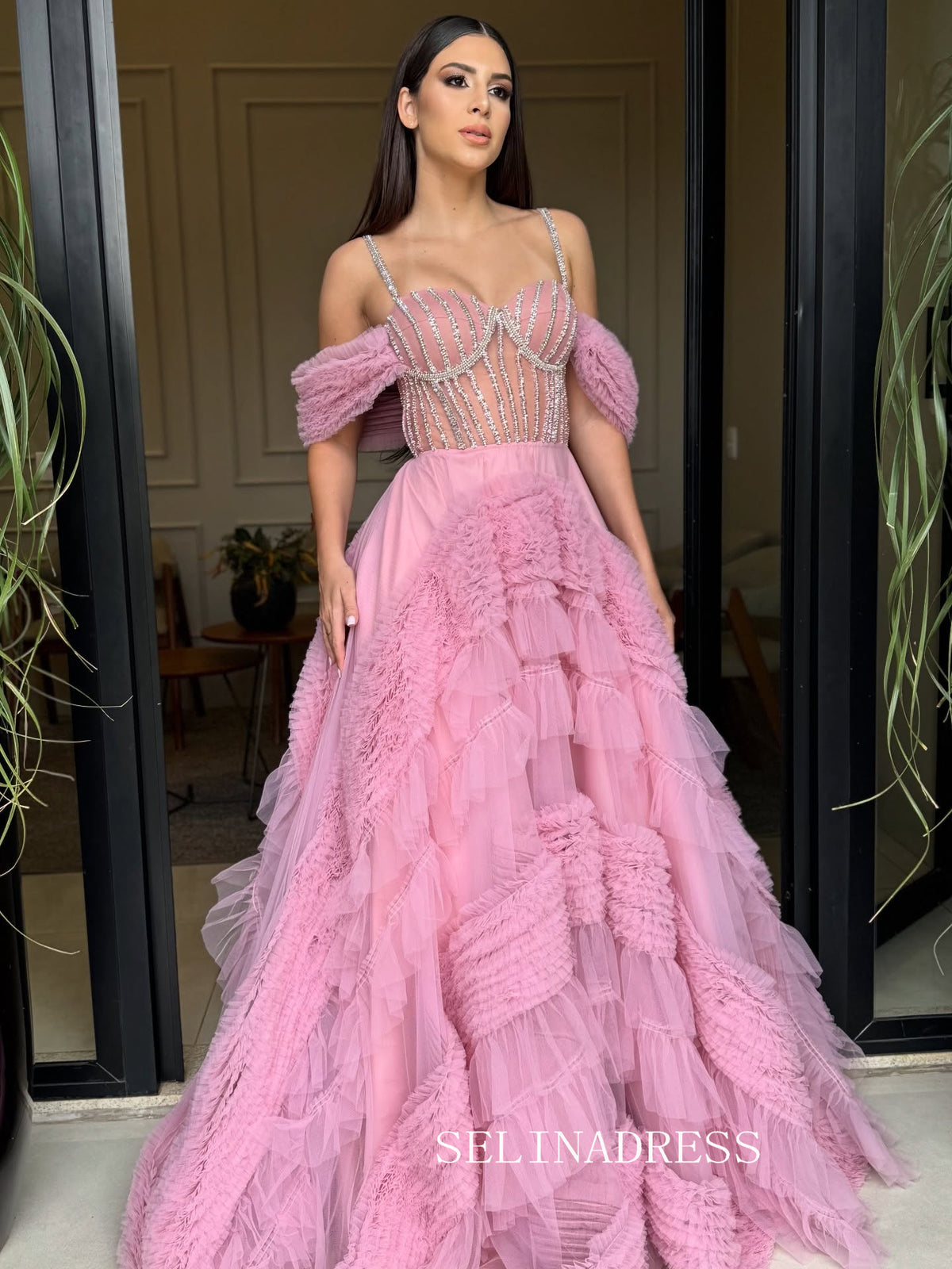 Charming Pink Beaded Long Prom Dress Evening Dress With Ruffles TKL706|Selinadress