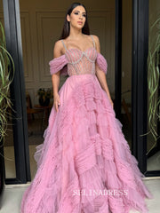 Charming Pink Beaded Long Prom Dress Evening Dress With Ruffles TKL706|Selinadress