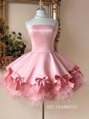Charming Pink Strapless Mini Ball Gown with Ruffled Layers and Bow Accents cok064|Selinadress