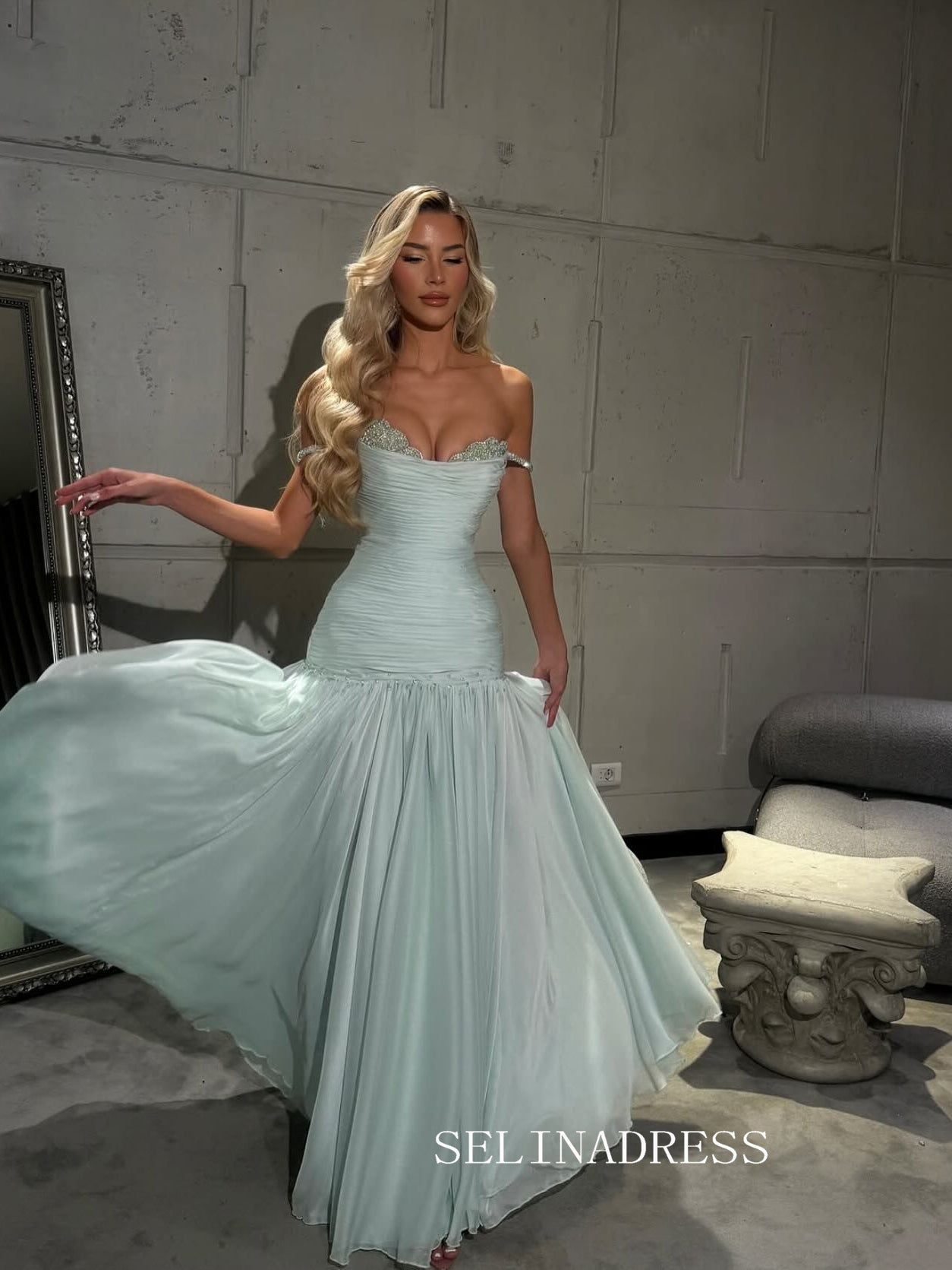 Charming Spaghetti Straps Light Blue Long Prom Dress Evening Dress TKL717|Selinadress