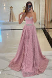 Charming Sweetheart Pink Long Lace Evening Dress with Glitter Beadings Straps #SEK191|Selinadress