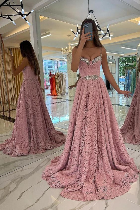 Charming Sweetheart Pink Long Lace Evening Dress with Glitter Beadings Straps #SEK191|Selinadress