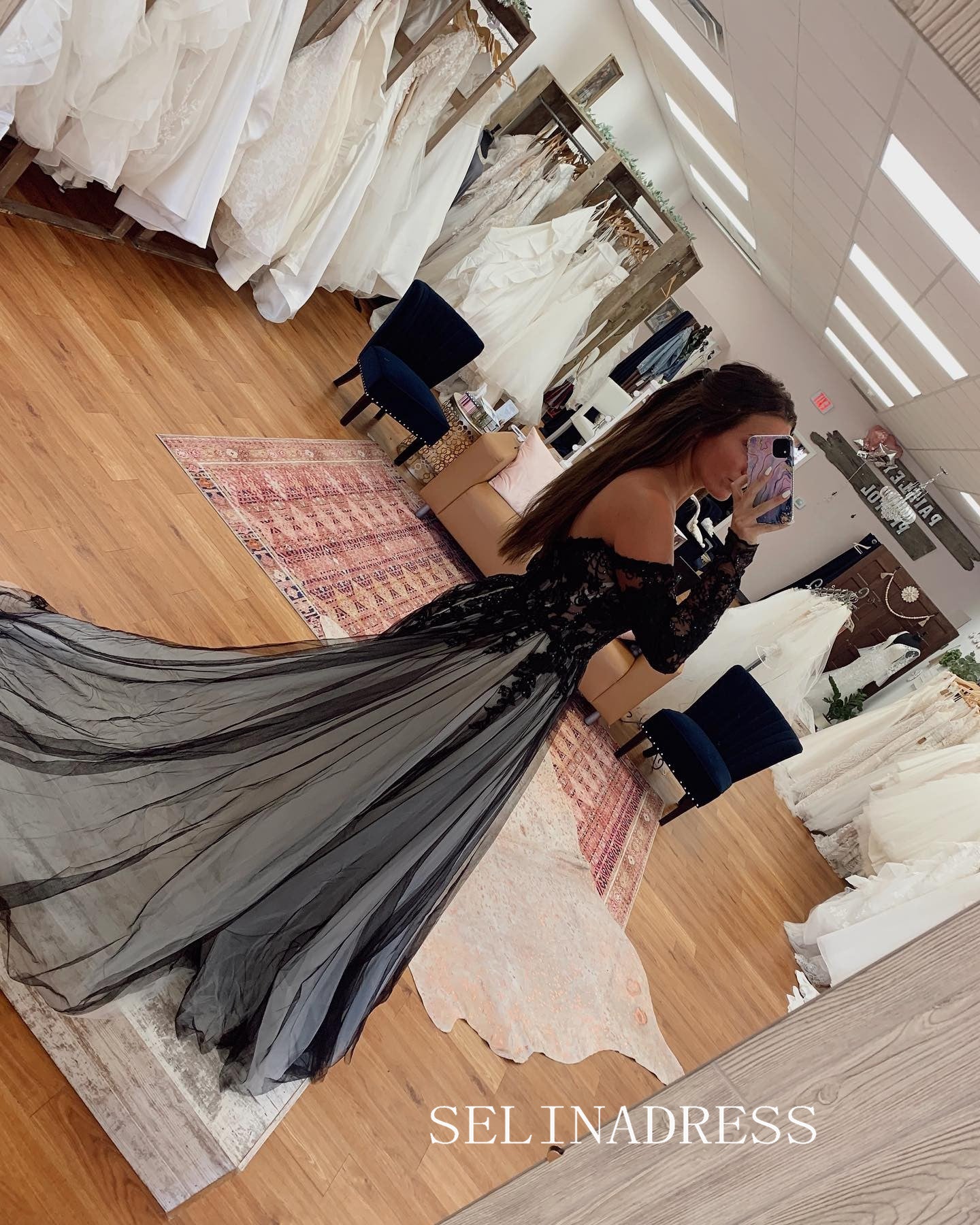 Chic A-line 0ff-the-shoulder Long Prom Dresses Elegant Black Lace Evening Gowns CRN031|Selinadress