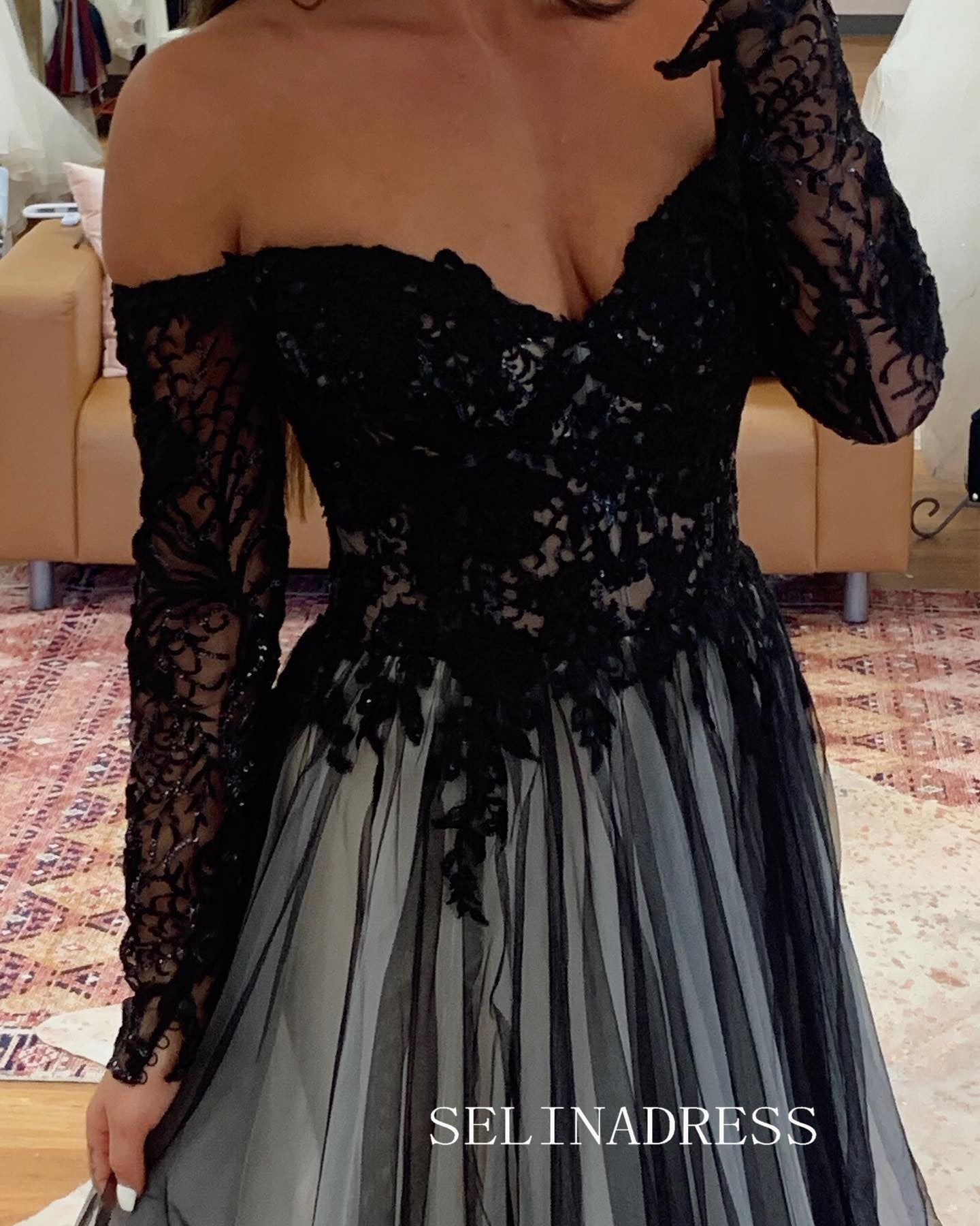 Chic A-line 0ff-the-shoulder Long Prom Dresses Elegant Black Lace Evening Gowns CRN031|Selinadress