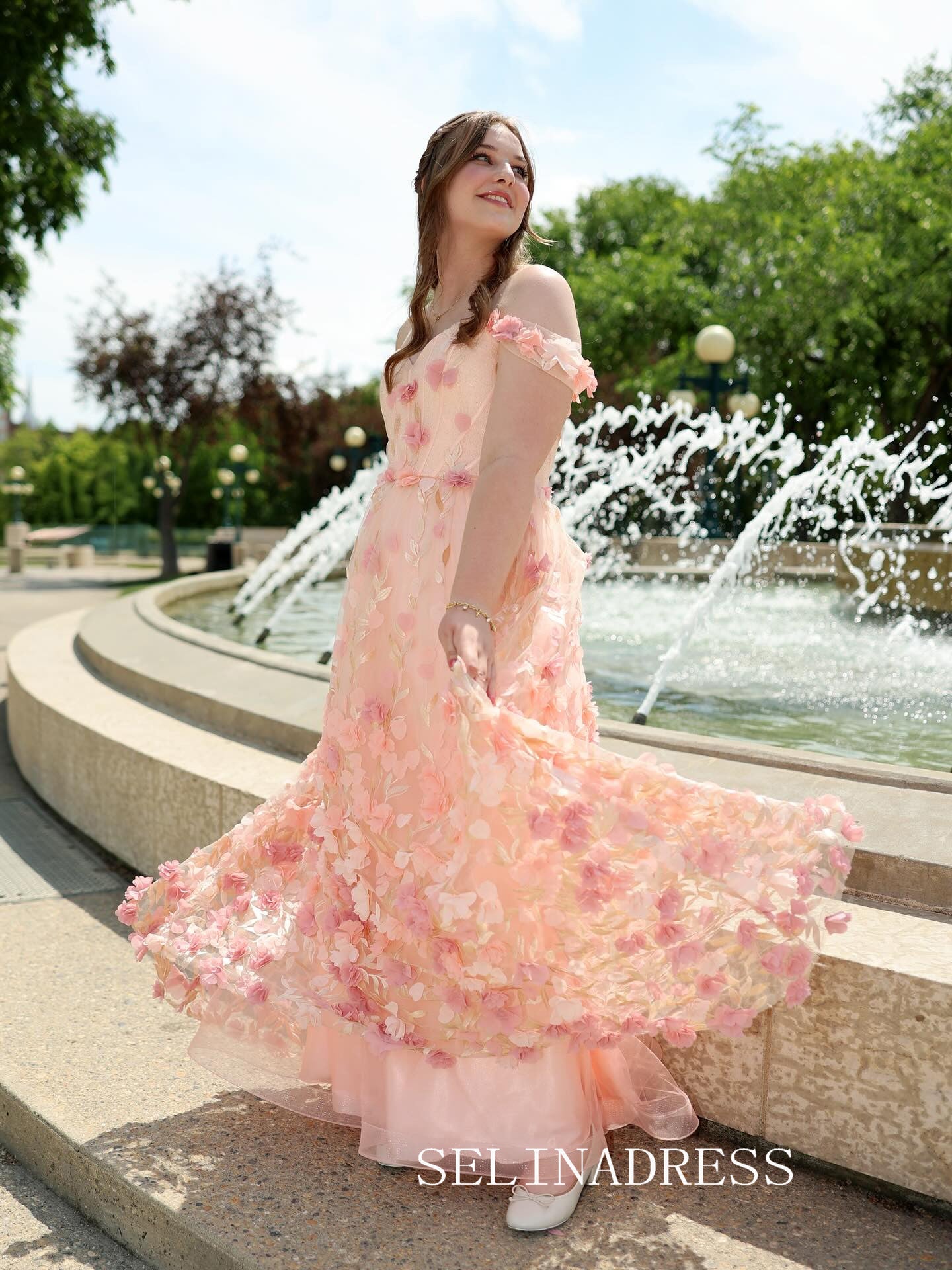 Chic A-line 0ff-the-shoulder Long Prom Dresses Elegant Pink Floral Evening Gowns CRN030|Selinadress