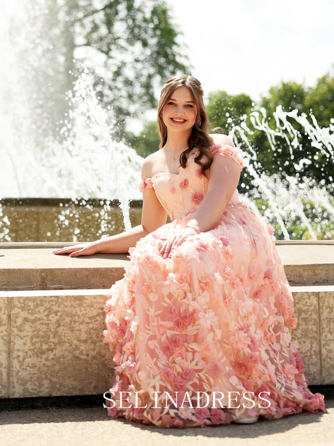 Chic A-line 0ff-the-shoulder Long Prom Dresses Elegant Pink Floral Evening Gowns CRN030|Selinadress