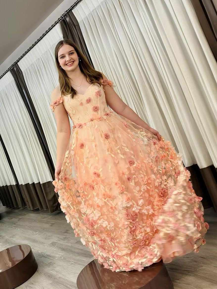 Chic A-line 0ff-the-shoulder Long Prom Dresses Elegant Pink Floral Evening Gowns CRN030|Selinadress