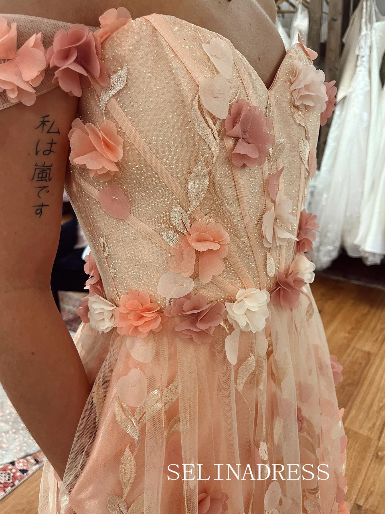 Chic A-line 0ff-the-shoulder Long Prom Dresses Elegant Pink Floral Evening Gowns CRN030|Selinadress