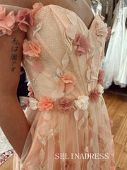 Chic A-line 0ff-the-shoulder Long Prom Dresses Elegant Pink Floral Evening Gowns CRN030|Selinadress