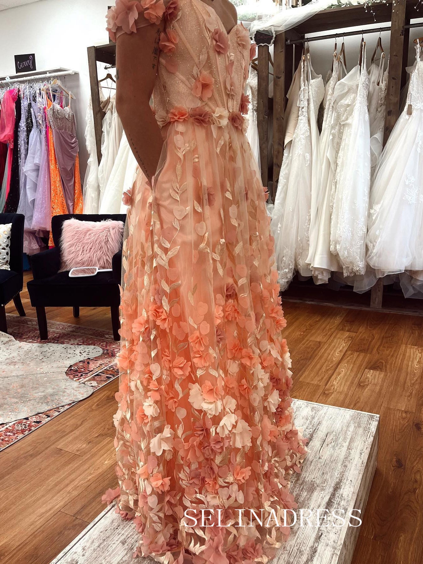 Chic A-line 0ff-the-shoulder Long Prom Dresses Elegant Pink Floral Evening Gowns CRN030|Selinadress