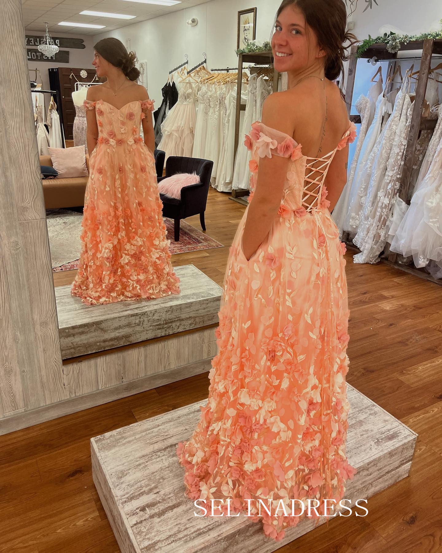 Chic A-line 0ff-the-shoulder Long Prom Dresses Elegant Pink Floral Evening Gowns CRN030|Selinadress