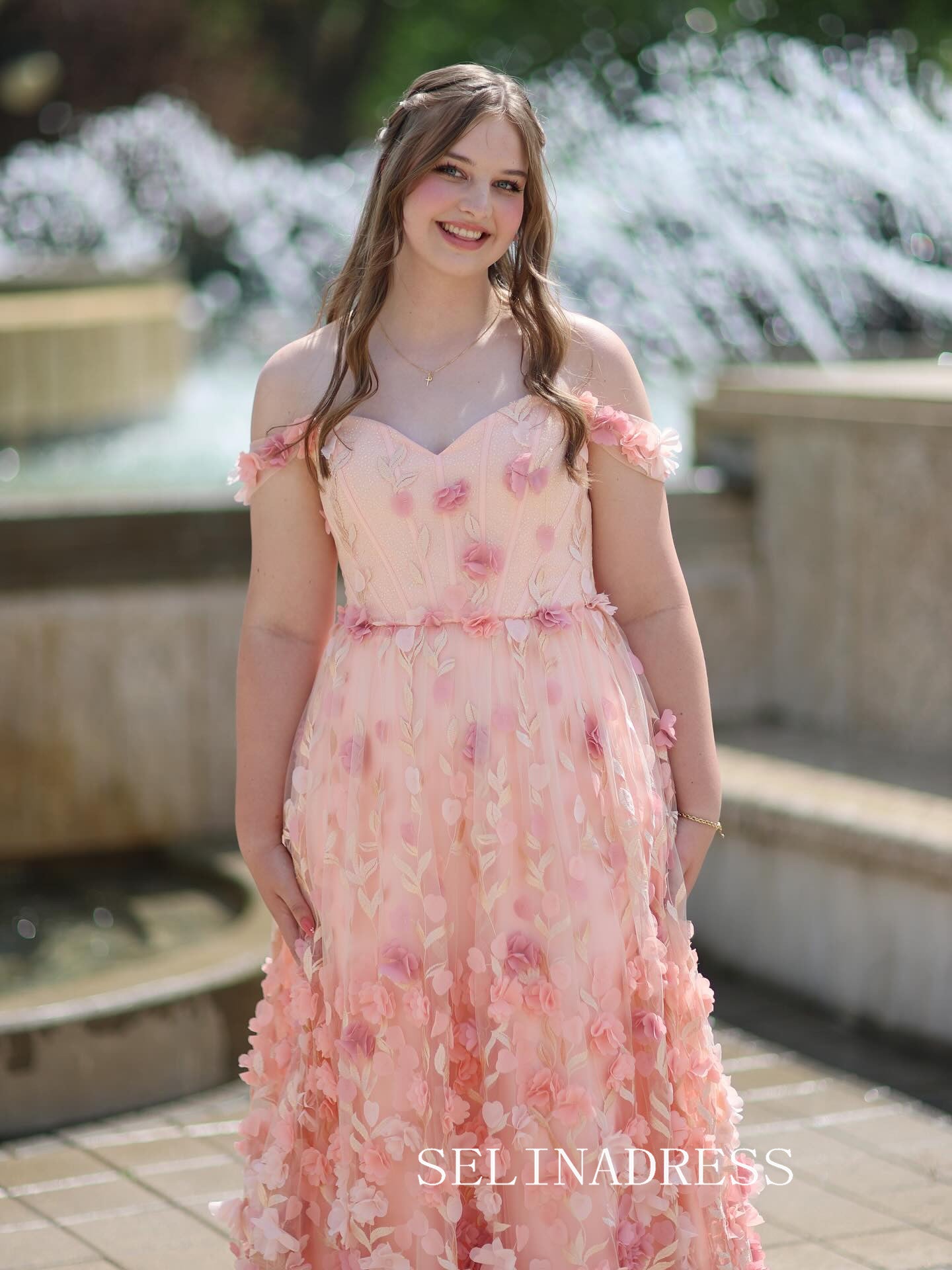 Chic A-line 0ff-the-shoulder Long Prom Dresses Elegant Pink Floral Evening Gowns CRN030|Selinadress