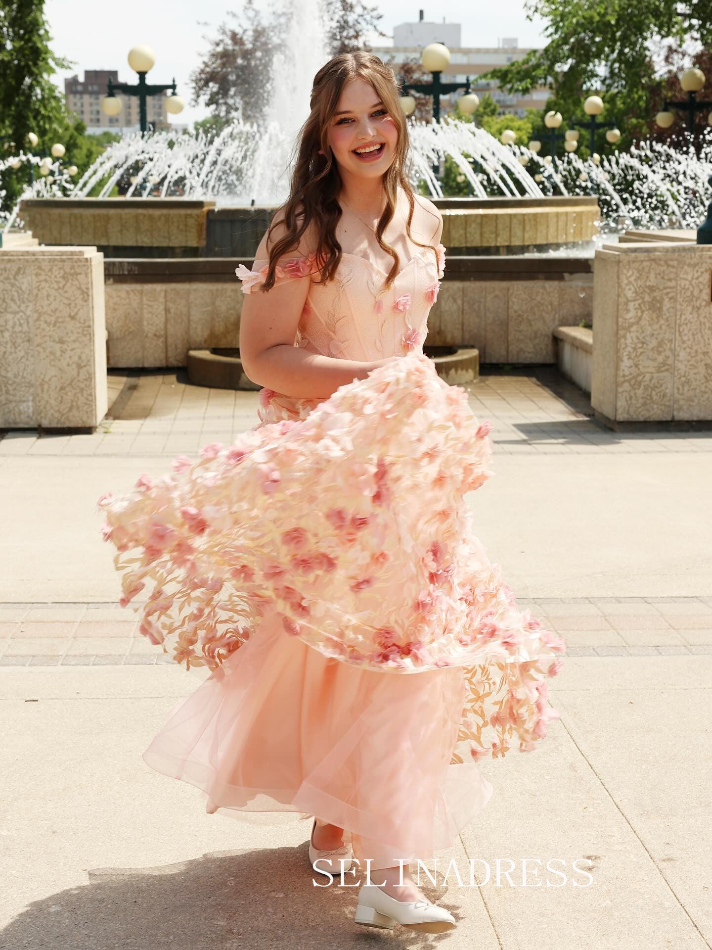 Chic A-line 0ff-the-shoulder Long Prom Dresses Elegant Pink Floral Evening Gowns CRN030|Selinadress