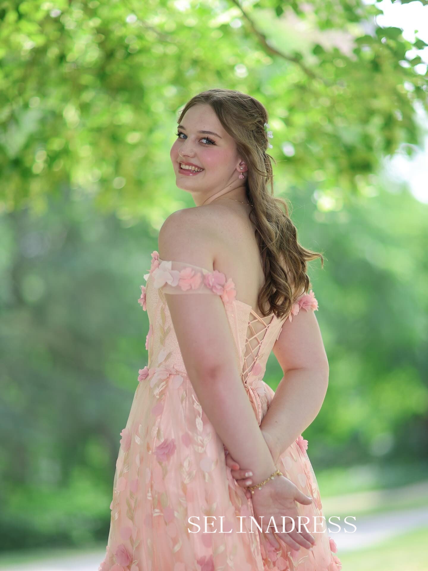 Chic A-line 0ff-the-shoulder Long Prom Dresses Elegant Pink Floral Evening Gowns CRN030|Selinadress