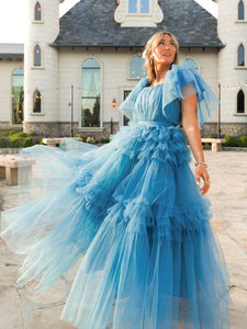 Chic A-line Blue Long Prom Dresses Multi-layered Blue Evening Formal Dresses kts061|Selinadress