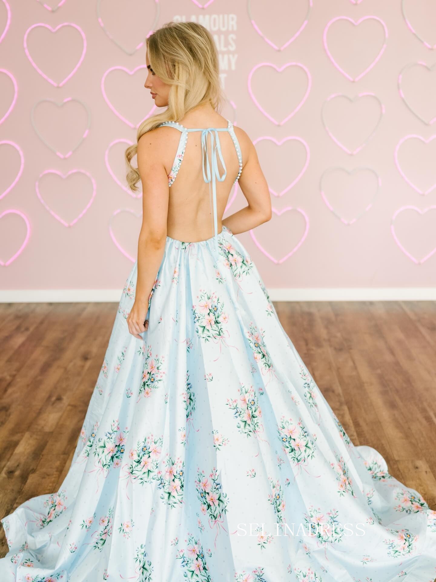Chic A-line Blue Long Prom Dresses With Floral Elegant Formal Evening SELINADRESS Chic A-line Blue Long Prom Dresses With Floral Elegant Formal Evening SELINADRESS