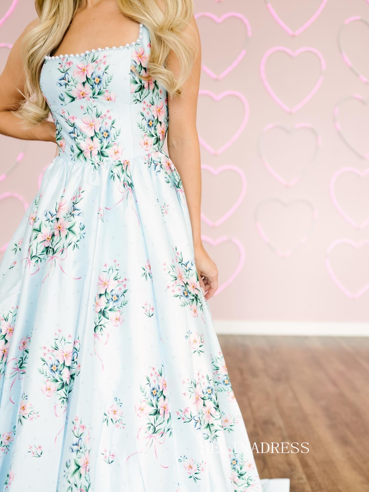 Chic A-line Blue Long Prom Dresses With Floral Elegant Formal Evening Gowns SEA028|Selinadress