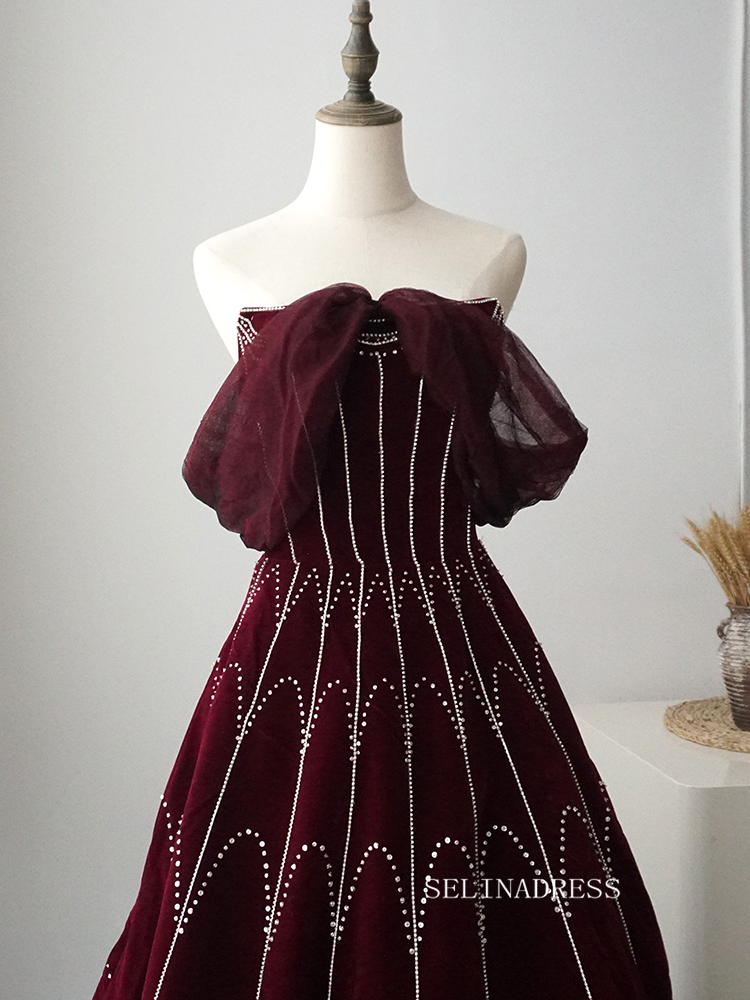 Chic A-line Detachable Straps Burgundy Beaded Long Prom Dress Elegant SELINADRESS Chic A-line Detachable Straps Burgundy Beaded Long Prom Dress Elegant SELINADRESS