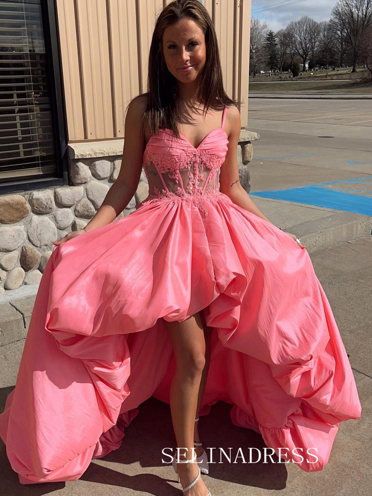 Chic A-line High Low Long Prom Dresses Elegant Spaghetti Straps Pink Evening Gowns CRN050|Selinadress
