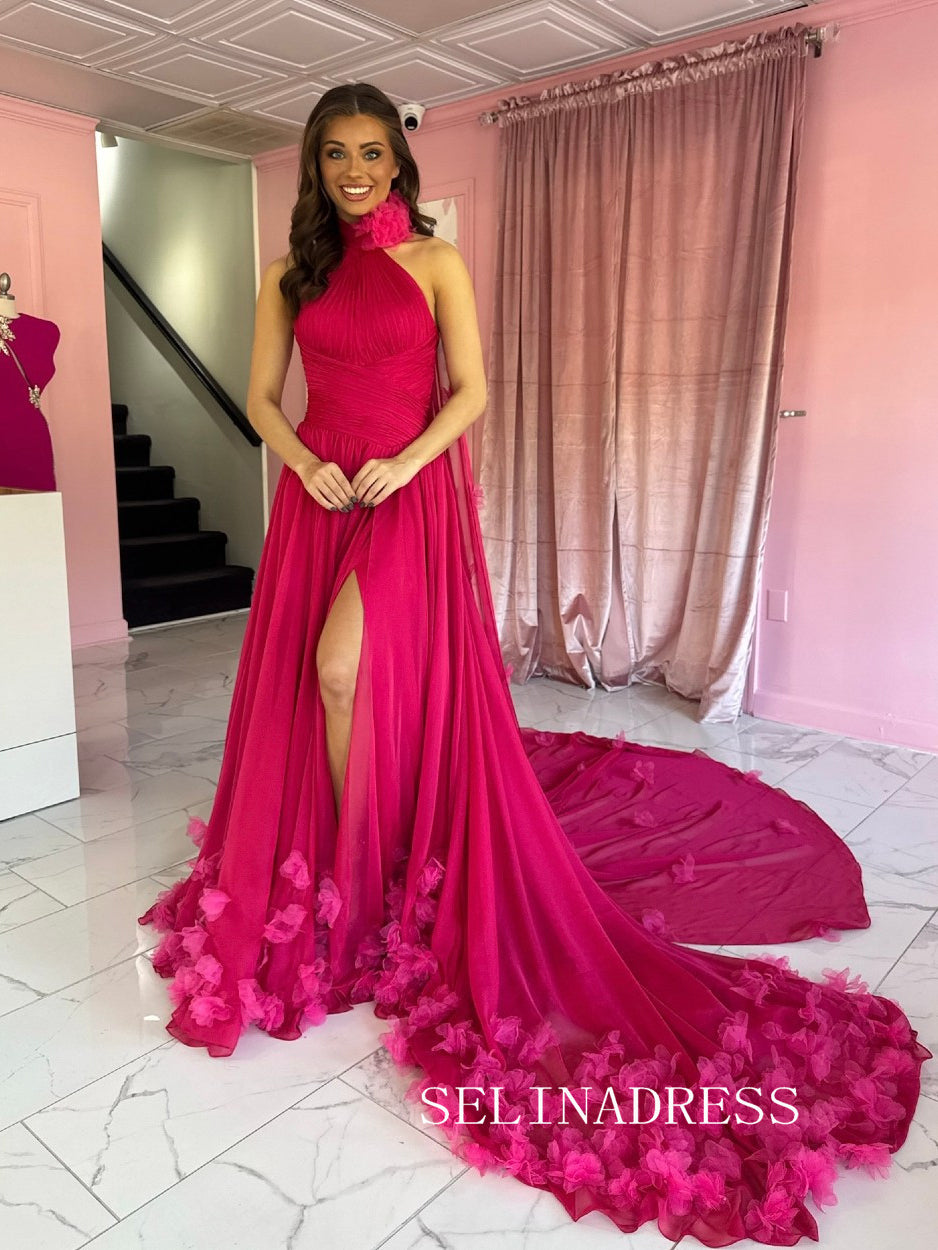 Chic A-line High Neck Fuchsia Long Prom Dresses Elegant Long Formal Gowns SEA016|Selinadress