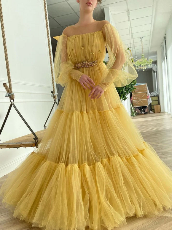 Chic A-line Long Sleeve Prom Dresses Elegant Yellow Evening Formal Gowns SEW0180|Selinadress