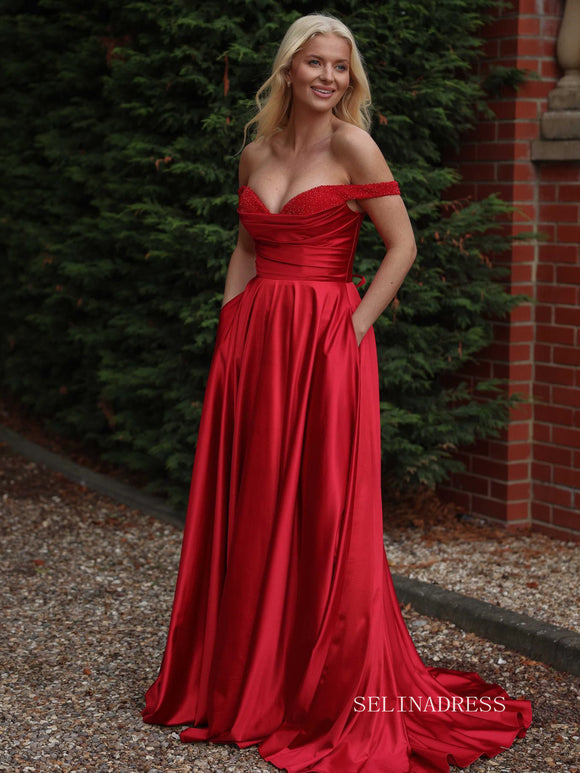 Chic A-line Off-the-shoulder Elegant Red Long Prom Dress Beaded Evening Dress #OPW019|Selinadress