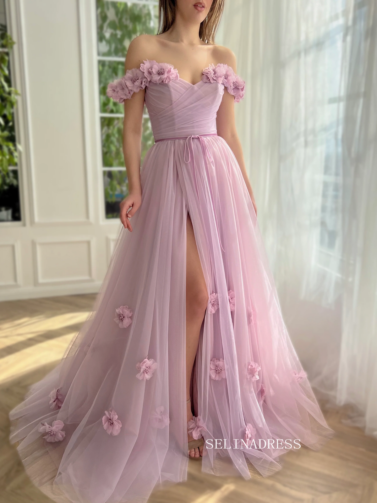 Chic A-line Off-the-shoulder Long Prom Dress Elegant Dusty Rose Evenin SELINADRESS Chic A-line Off-the-shoulder Long Prom Dress Elegant Dusty Rose Evenin SELINADRESS